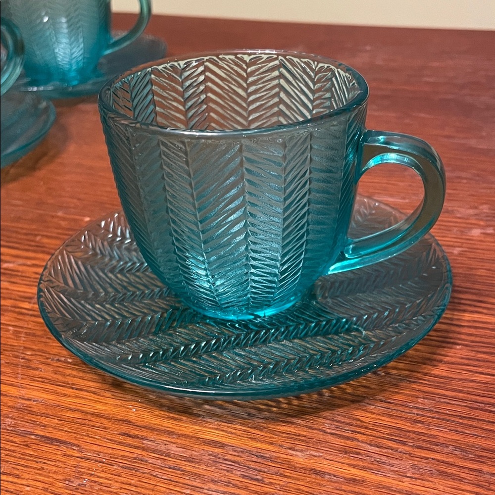 Teal Glass Cup and Saucer Set Arcoroc France